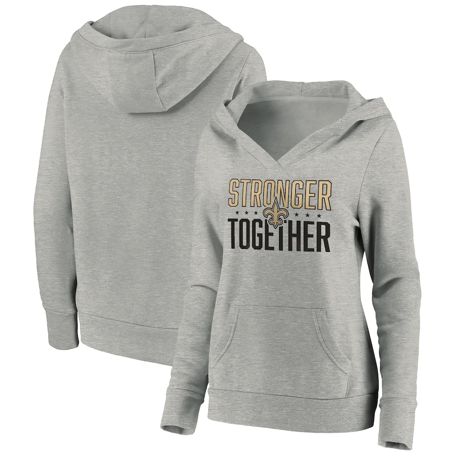 Women's New Orleans Saints Heather Gray Stronger Together Crossover Neck Pullover Hoodie(Run Small)